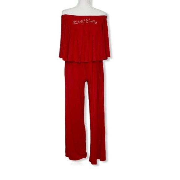 Bebe Embellished Logo Strapless Wide Leg Women's Jumpsuits True Red Size L - Picture 5 of 11